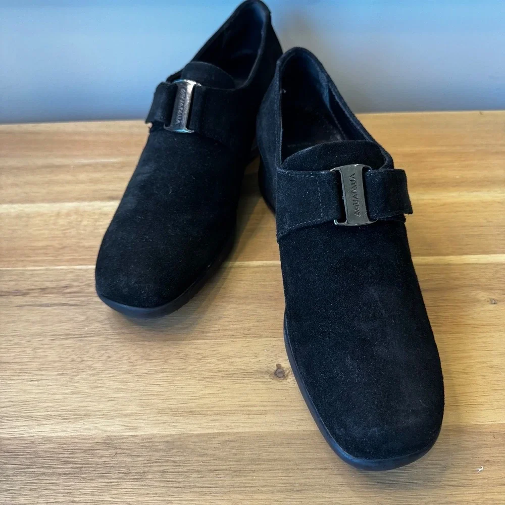 Aquatalia Marvin K Women 7.5 Black Suede Wedge Loafers Italy Comfort Boho‎